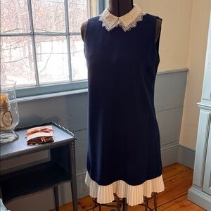 Navy Sleeveless Dress with Lace Peter Pan Collar and Pleated Hem